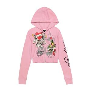 Ed Hardy Womens Pink Love Kills Slowly Tiger Dagger Y2K Cropped Zip Hoodie L